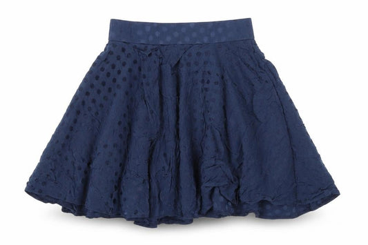 Front view of ORSAY women’s blue polka dot viscose swing skirt, size UK 8, zip