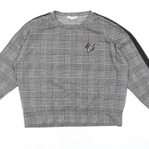 Amisu Womens Black Check Polyester Basic T-Shirt Size S Round Neck