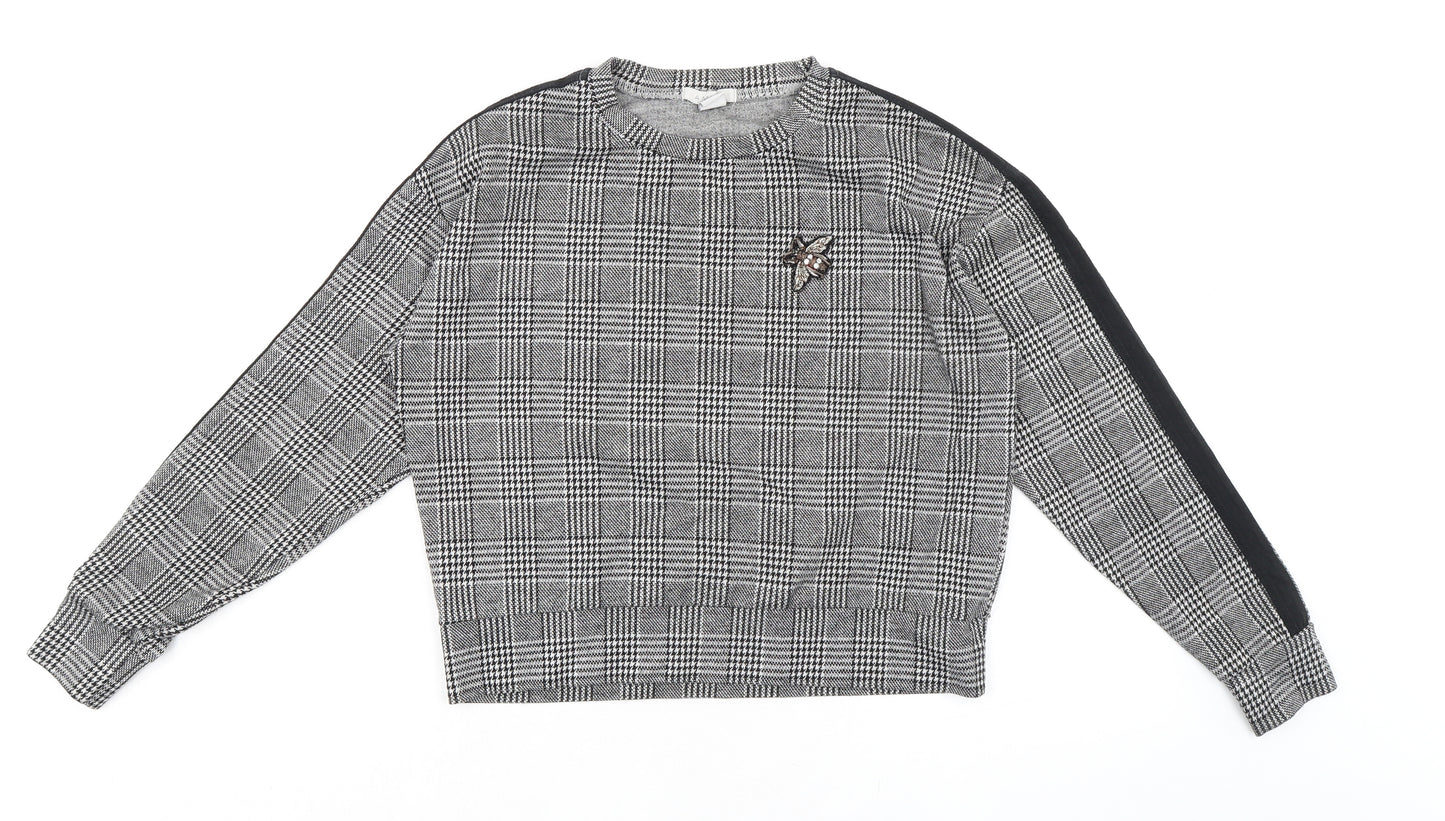 Amisu Womens Black Check Polyester Basic T-Shirt Size S Round Neck