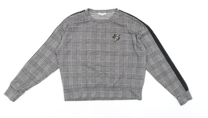 Amisu Womens Black Check Polyester Basic T-Shirt Size S Round Neck