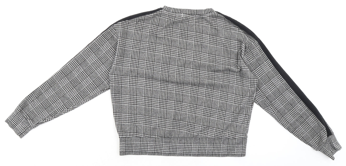 Amisu Womens Black Check Polyester Basic T-Shirt Size S Round Neck