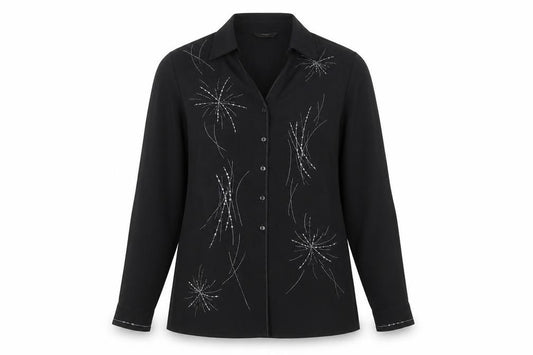 Front view of St Michael women’s black polyester basic button-up, size UK 12, collared