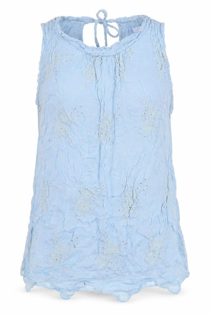 Front view of Alice Rinaldi women’s blue viscose basic tank, size M, round neck