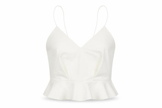 Front view of River Island women’s white polyester cropped tank, size UK 8, v-neck