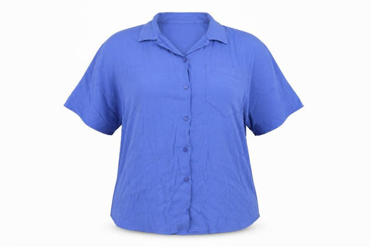 Front view of Etam women’s blue polyester basic button-up, size UK 10, collared