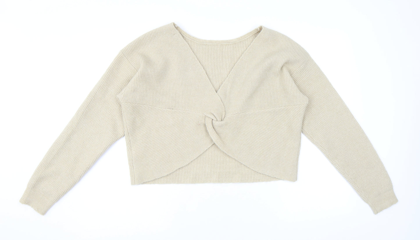 JustFab Womens Beige Round Neck Acrylic Pullover Jumper Size L