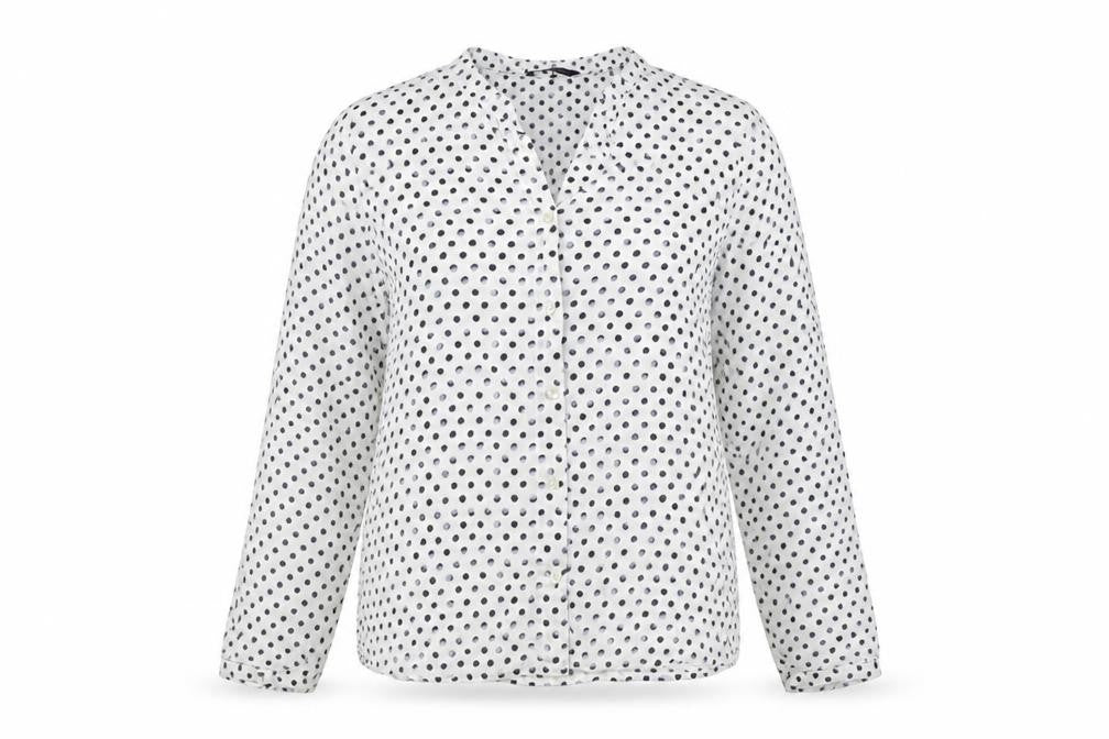 Front view of Marks & Spencer women’s white polka dot viscose basic button-up, size UK 10, round neck