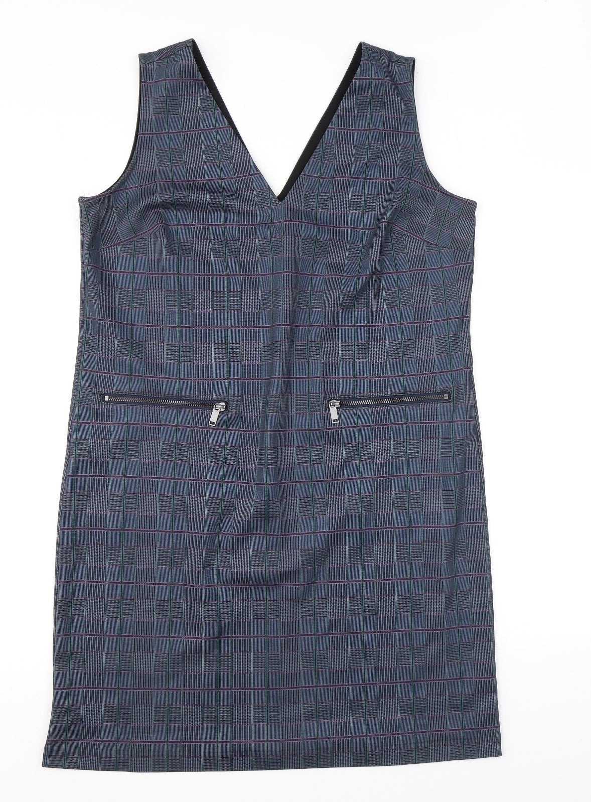 NEXT Womens Blue Plaid Polyester Pinafore/Dungaree Dress Size 14 V-Neck Pullover