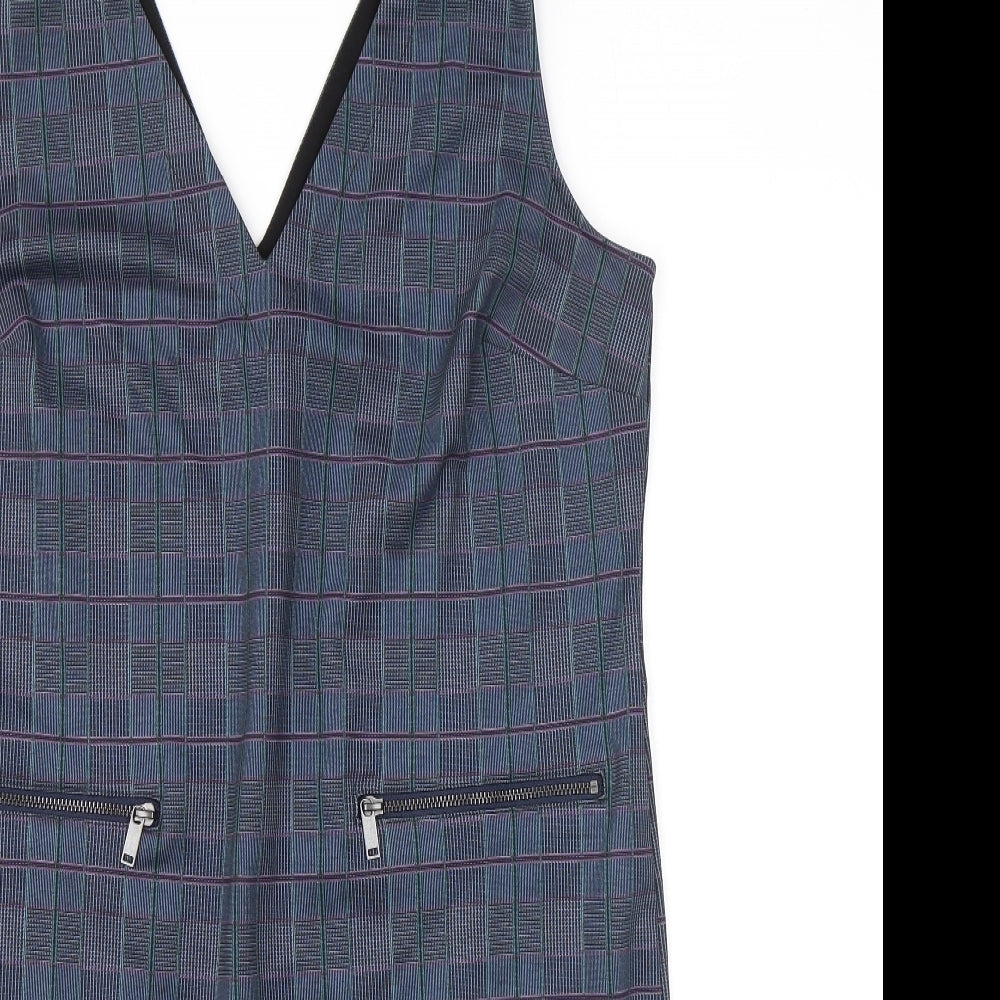 NEXT Womens Blue Plaid Polyester Pinafore/Dungaree Dress Size 14 V-Neck Pullover