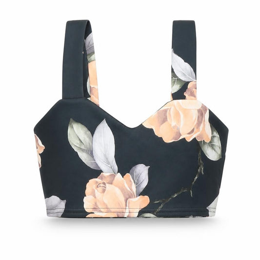 Front view of Boohoo women’s black floral polyester cropped tank, size UK 10, v-neck