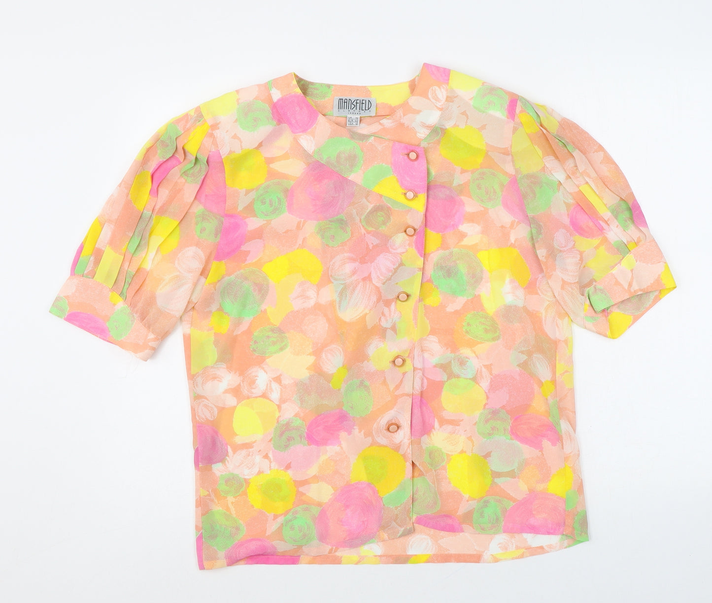 Mansfield Womens Orange Floral Polyester Basic Button-Up Size 14 Round Neck