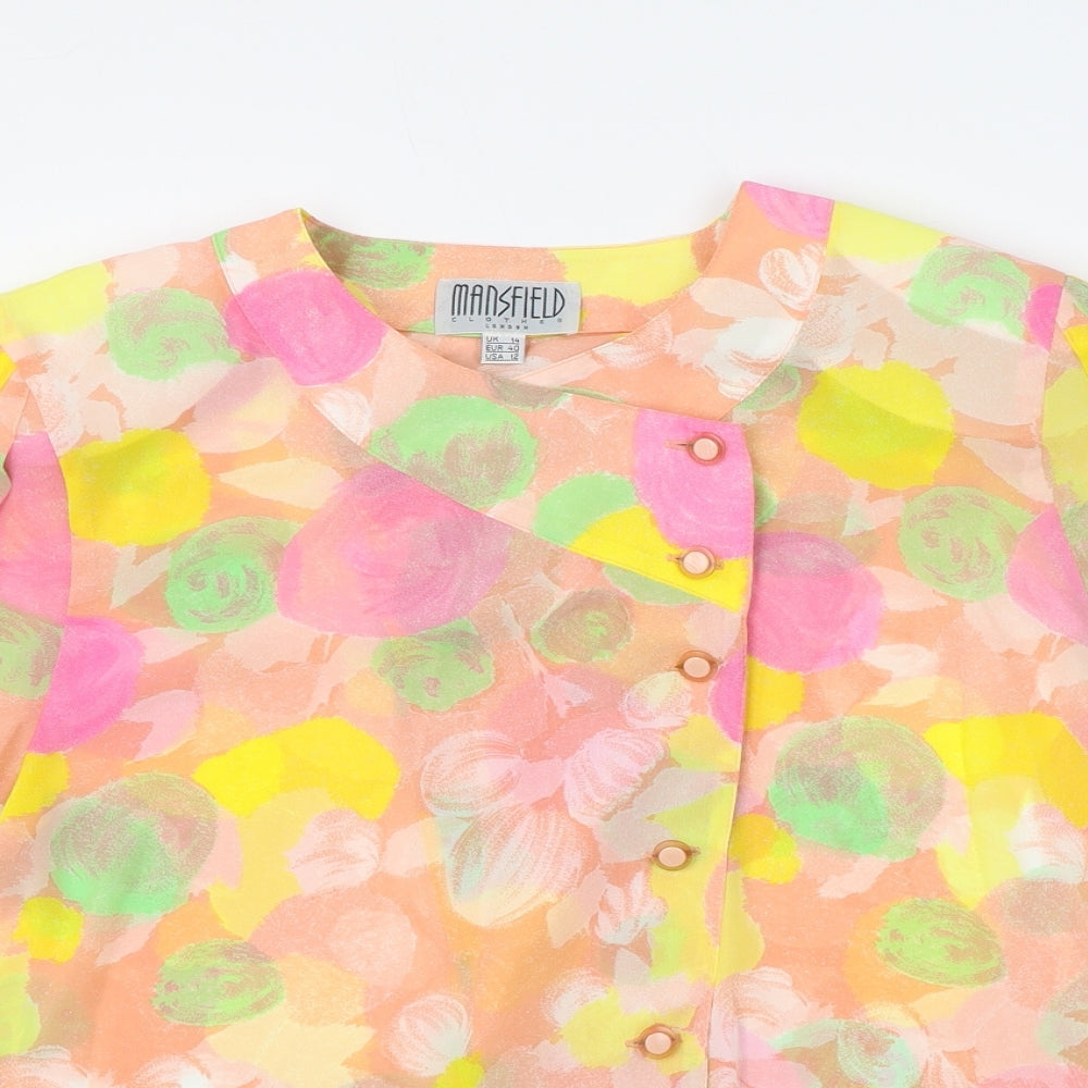 Mansfield Womens Orange Floral Polyester Basic Button-Up Size 14 Round Neck