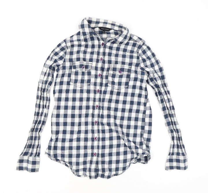 New Look Womens Blue Check Viscose Basic Button-Up Size 6 Collared