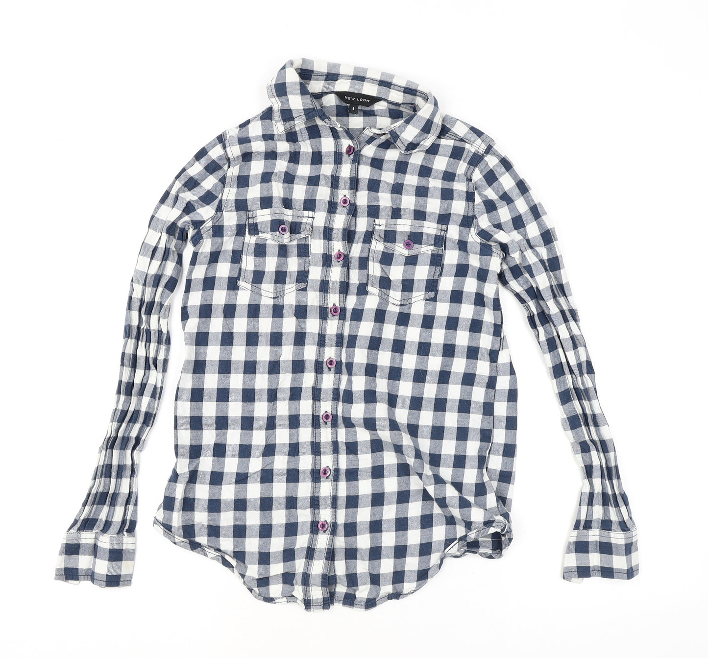 New Look Womens Blue Check Viscose Basic Button-Up Size 6 Collared