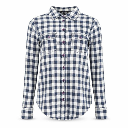 Front view of New Look women’s blue check viscose basic button-up, size UK 6, collared