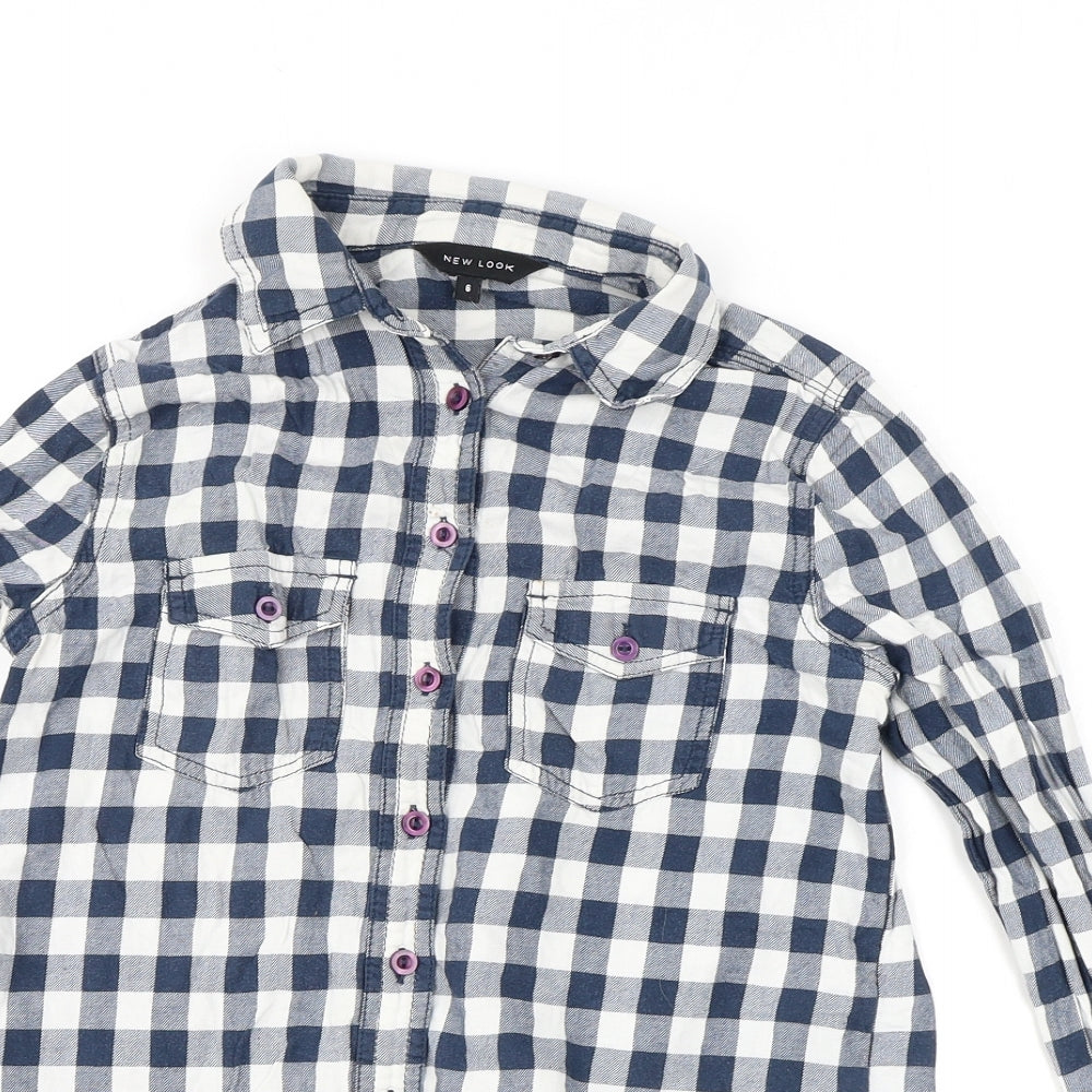 New Look Womens Blue Check Viscose Basic Button-Up Size 6 Collared