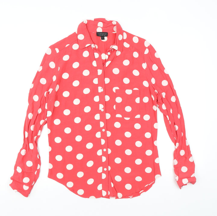 Topshop Womens Pink Polka Dot Viscose Basic Button-Up Size 6 Collared