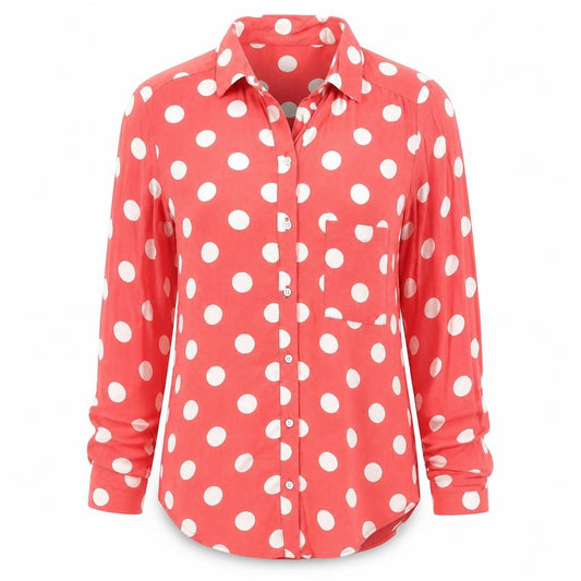 Front view of Topshop women’s pink polka dot viscose basic button-up, size UK 6, collared