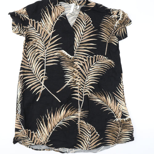 H&M Womens Black Geometric Linen T-Shirt Dress Size 8 V-Neck Pullover