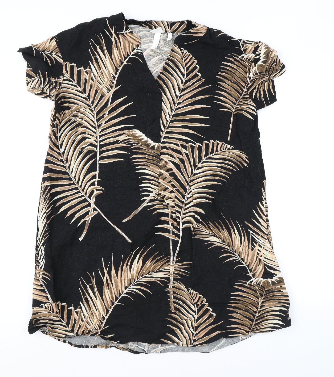 H&M Womens Black Geometric Linen T-Shirt Dress Size 8 V-Neck Pullover