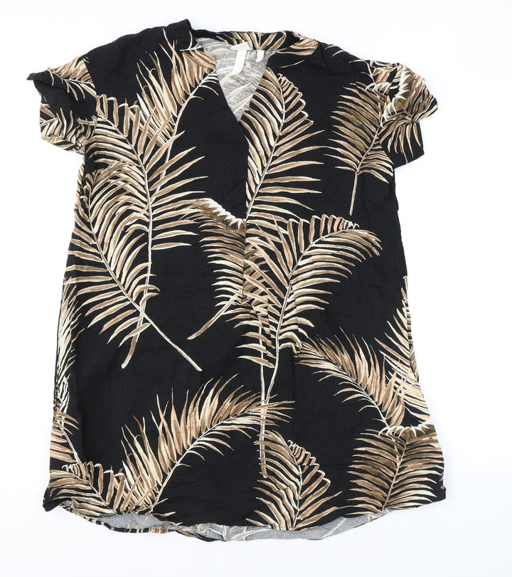 H&M Womens Black Geometric Linen T-Shirt Dress Size 8 V-Neck Pullover