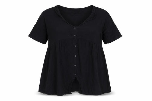 Front view of Missguided women’s black polyester basic button-up, size UK 14, scoop neck