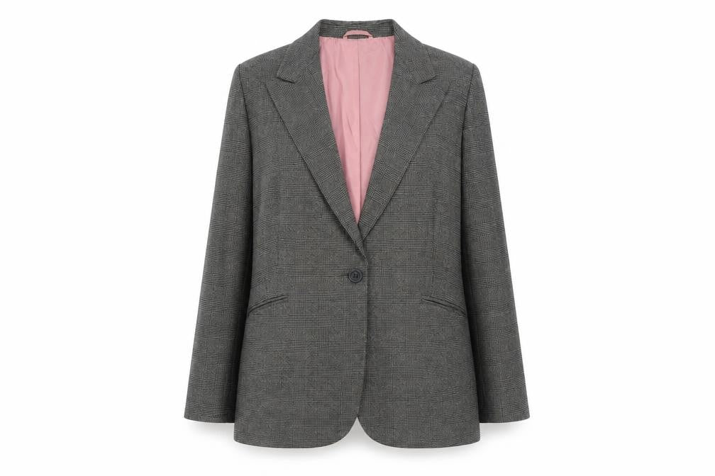 Front view of Marks & Spencer women’s brown plaid polyester jacket suit jacket, size UK 18