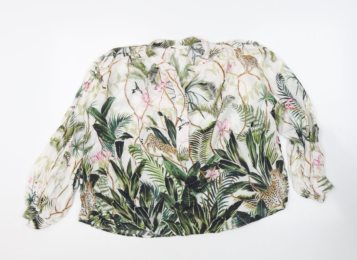H&M Womens White Floral Viscose Basic Button-Up Size 4 Round Neck