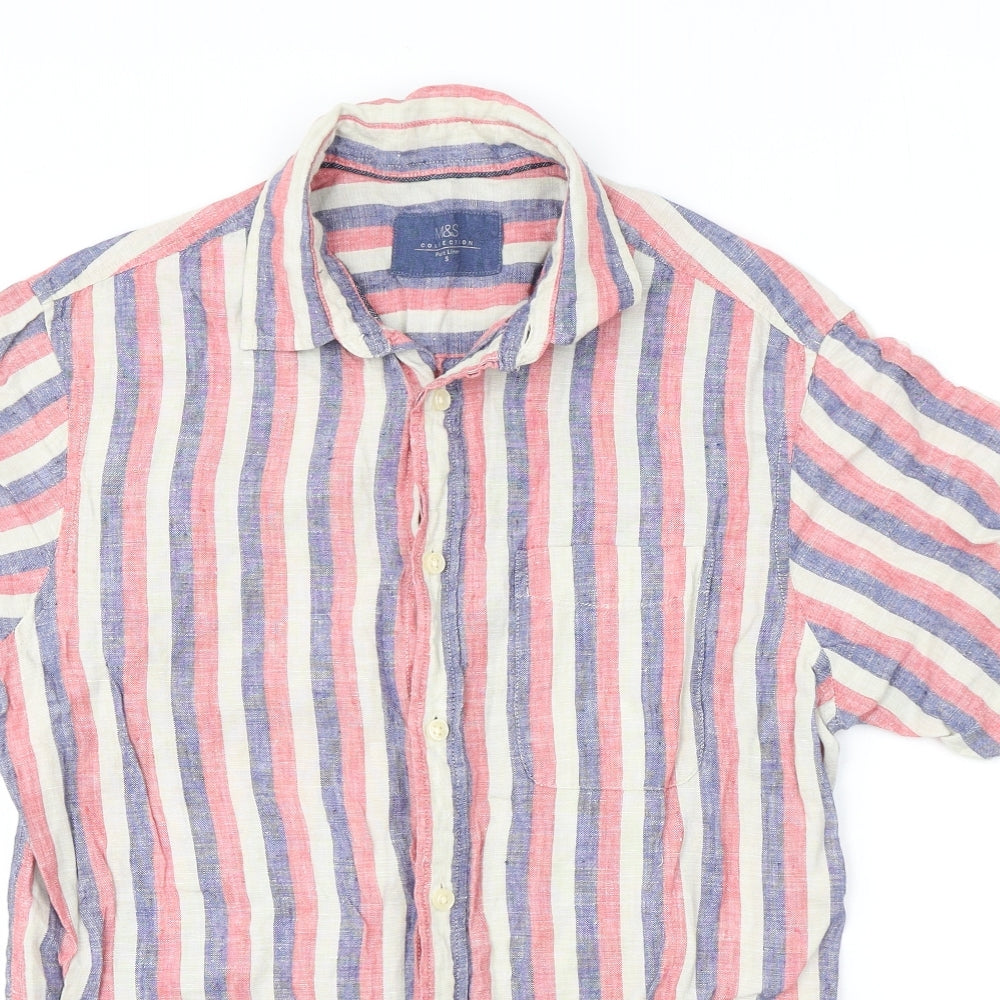 Marks and Spencer Mens Multicoloured Striped Linen Button-Up Size S Collared Button