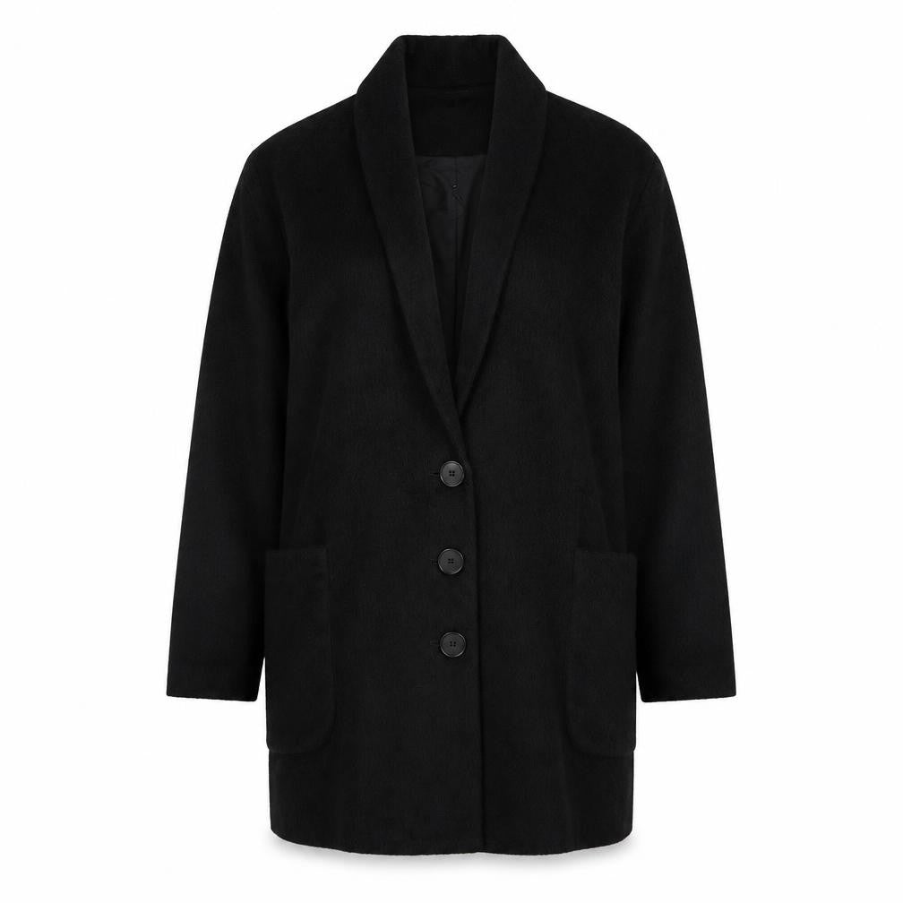 Front view of Liebeskind Berlin women’s black overcoat coat, size UK 14, button