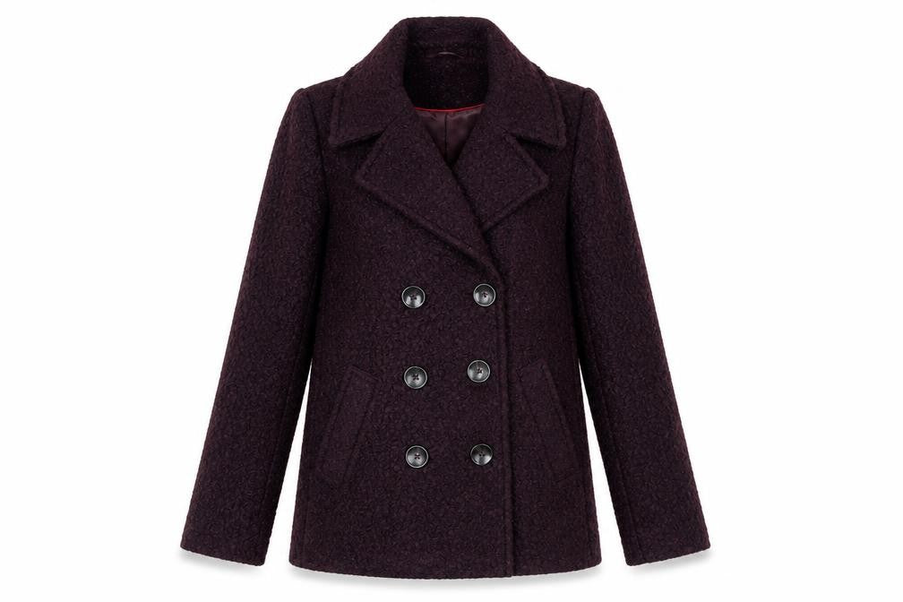 Front view of Principles women’s purple herringbone jacket, size UK 10, button