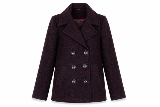 Front view of Principles women’s purple herringbone jacket, size UK 10, button