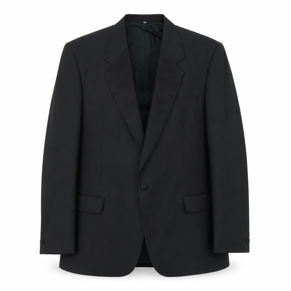 Front view of Executex men’s black polyester tuxedo suit jacket, size 44, regular