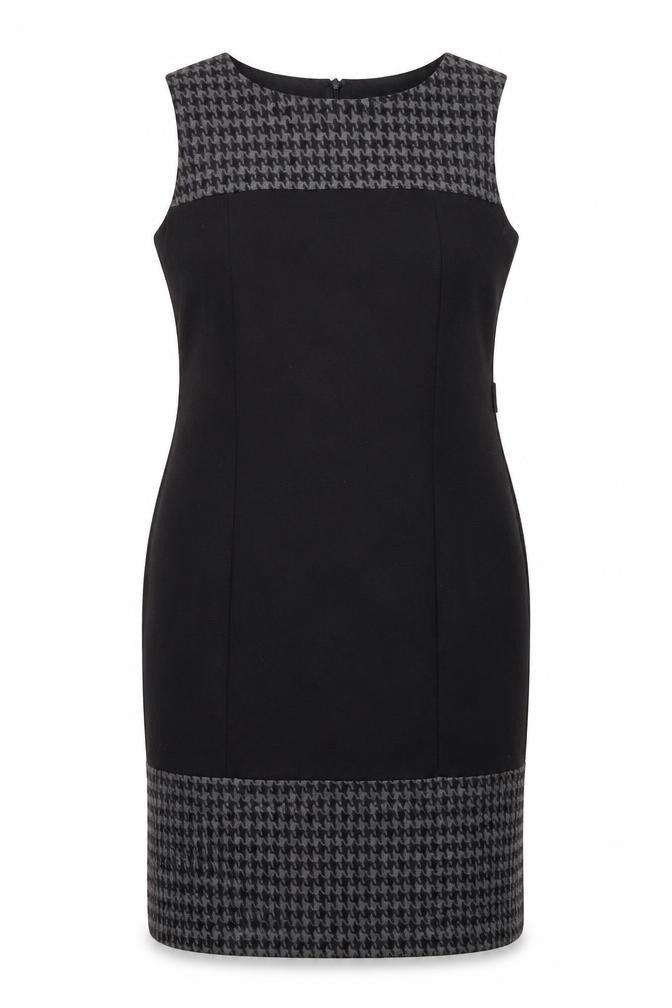 Front view of BHS women’s black geometric polyester shift, size UK 12, boat neck zip
