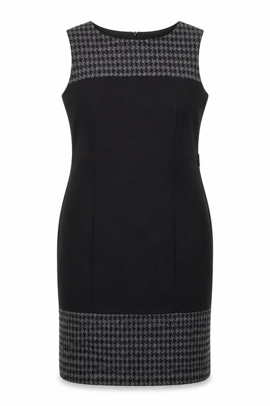 Front view of BHS women’s black geometric polyester shift, size UK 12, boat neck zip