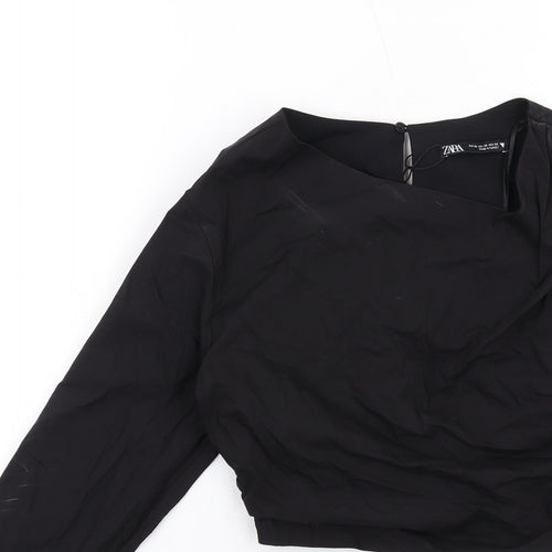 Zara Womens Black Cotton Cropped Blouse Size XS One Shoulder