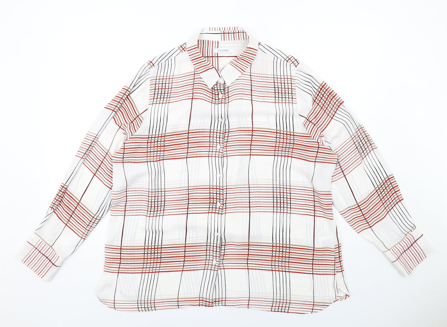 Classic Womens White Check Polyester Basic Button-Up Size 18 Collared