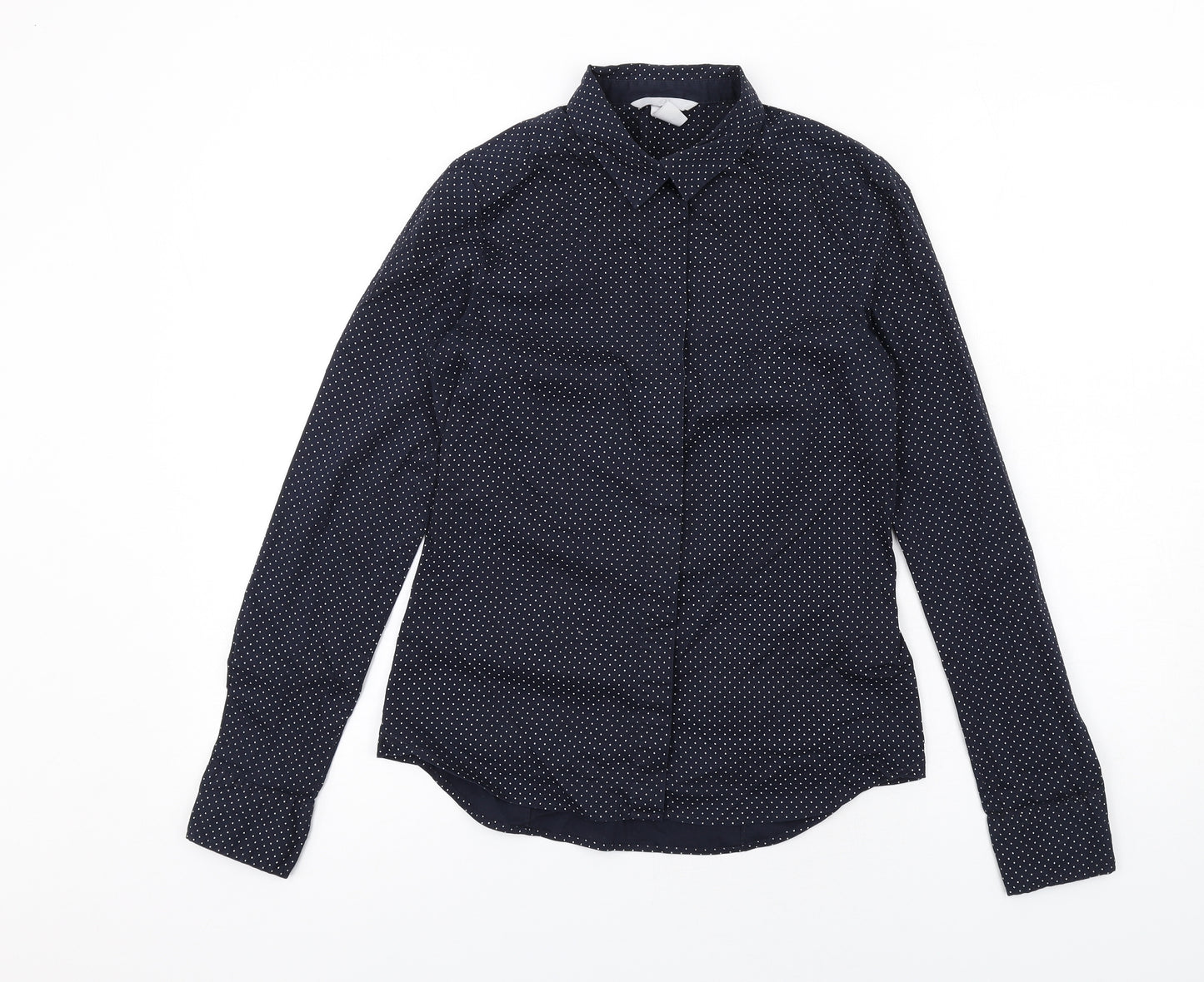 H&M Womens Blue Polka Dot Cotton Basic Button-Up Size 8 Collared