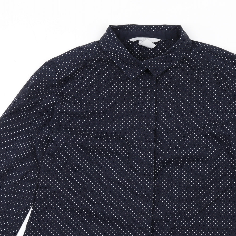 H&M Womens Blue Polka Dot Cotton Basic Button-Up Size 8 Collared