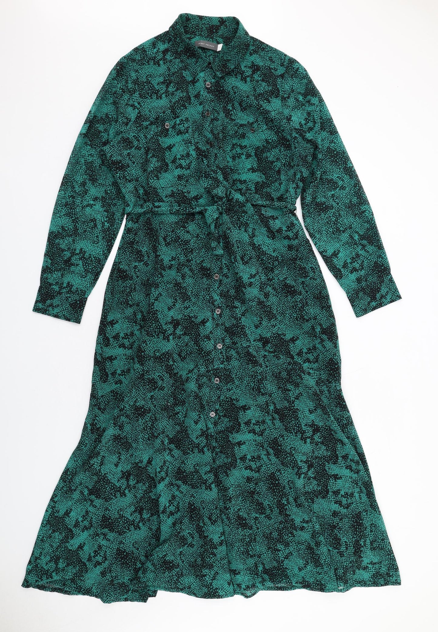 Mint Velvet Womens Green Geometric Polyester Shirt Dress Size 12 Collared Button