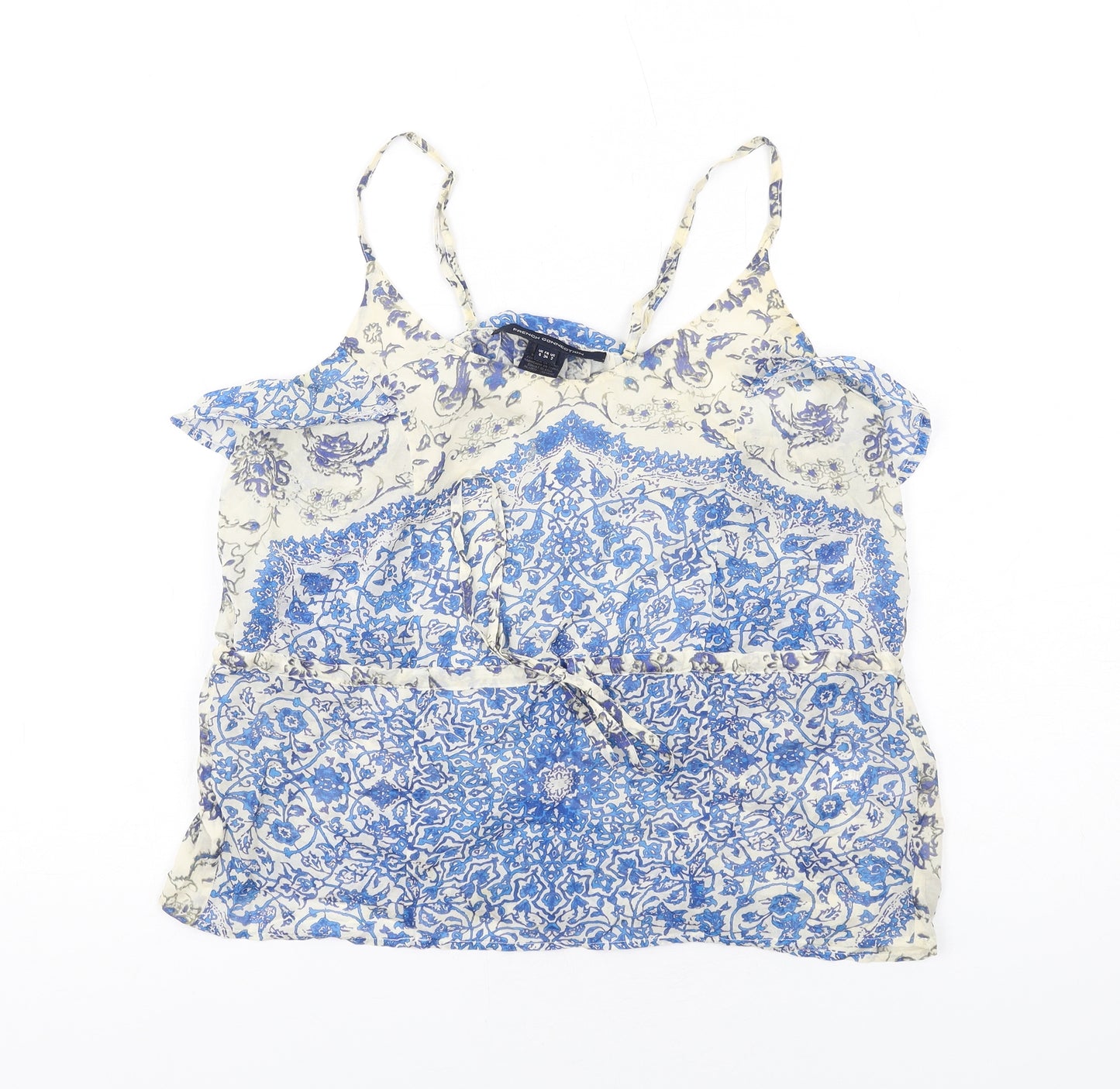 French Connection Womens Blue Geometric Silk Basic Tank Size 6 Round Neck