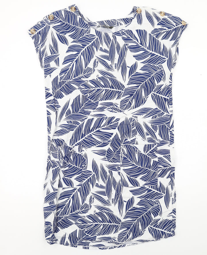 Bonmarché Womens Blue Geometric Linen Shift Size 12 Round Neck Pullover - Leaf pattern