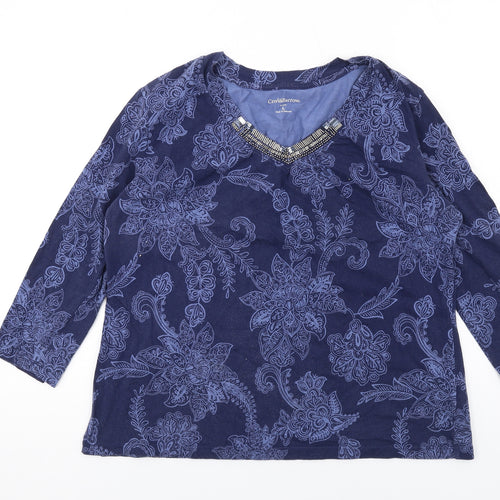 Croft & Barrow Womens Blue Floral Cotton Basic T-Shirt Size L V-Neck