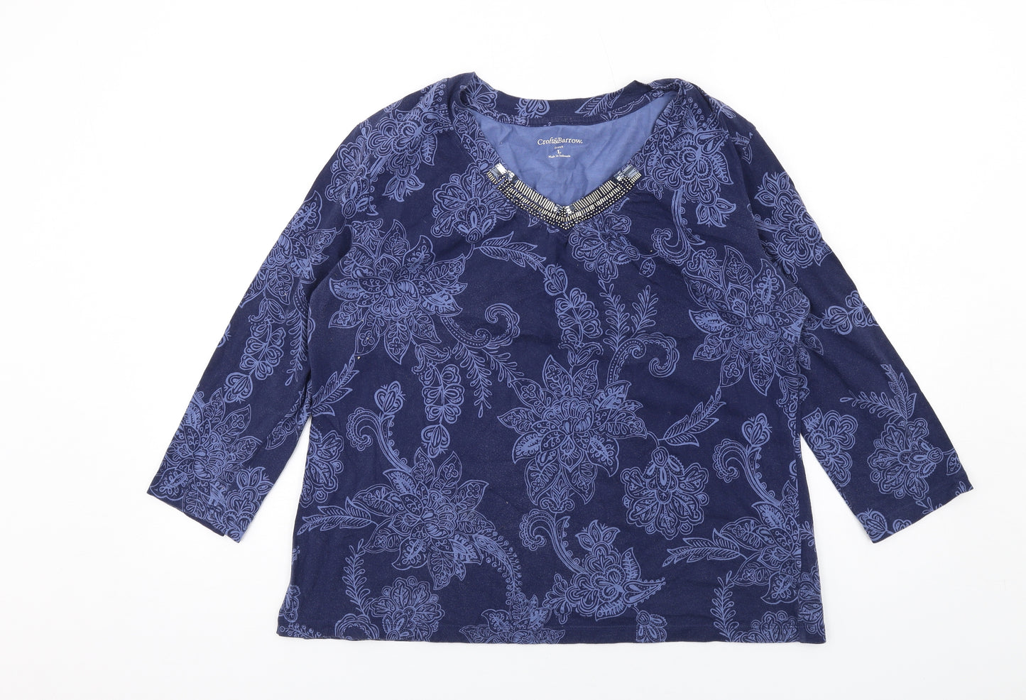 Croft & Barrow Womens Blue Floral Cotton Basic T-Shirt Size L V-Neck