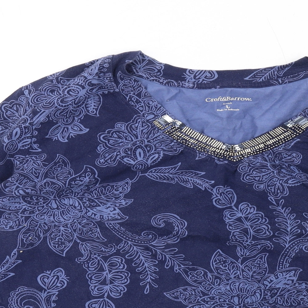 Croft & Barrow Womens Blue Floral Cotton Basic T-Shirt Size L V-Neck