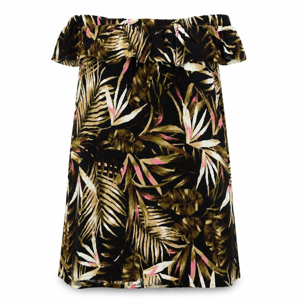 Front view of Studio women’s multicoloured geometric viscose a-line, size UK 16, off the shoulder pullover