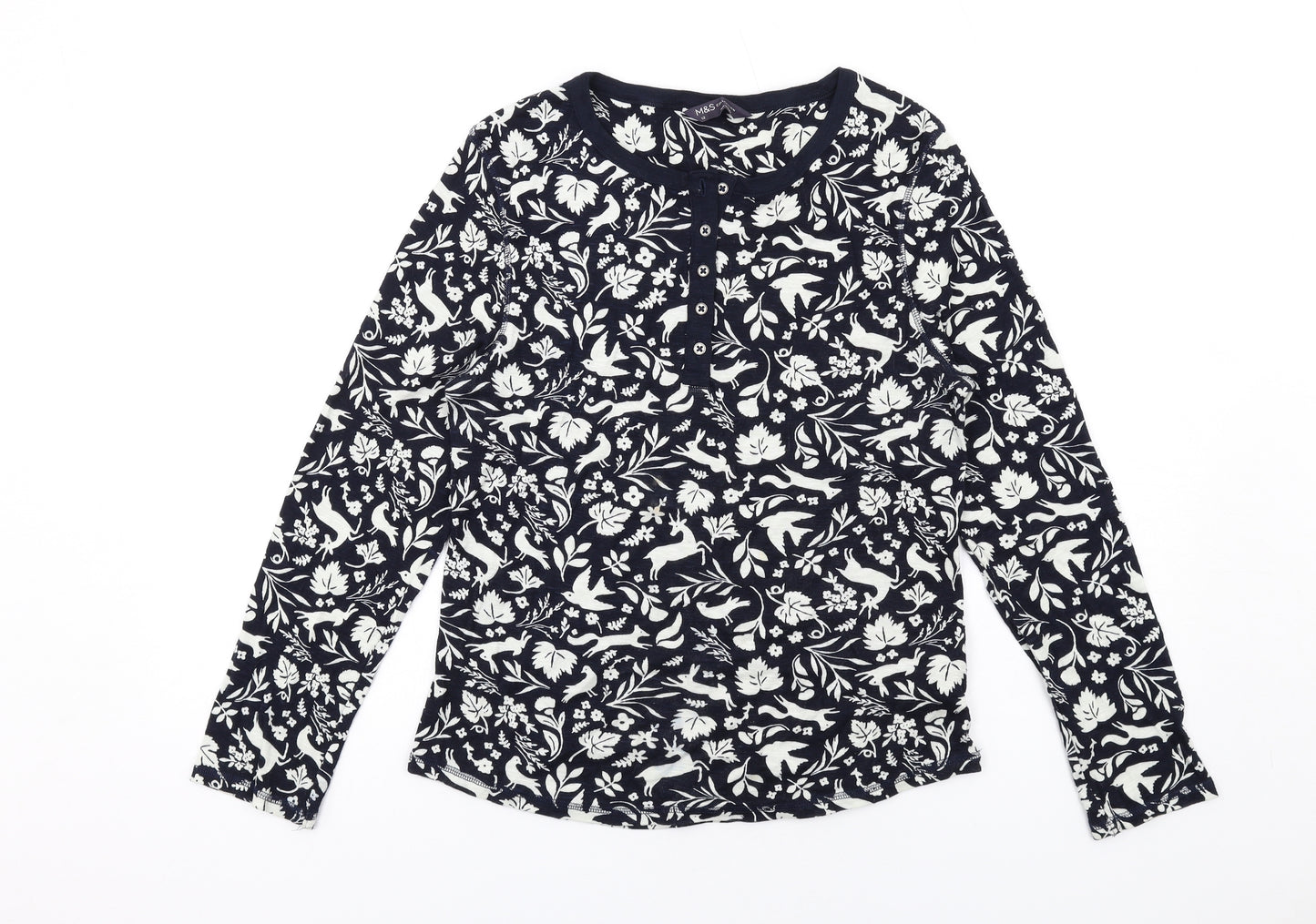 Marks and Spencer Womens Blue Geometric Cotton Basic T-Shirt Size 12 Round Neck - Forest Animals