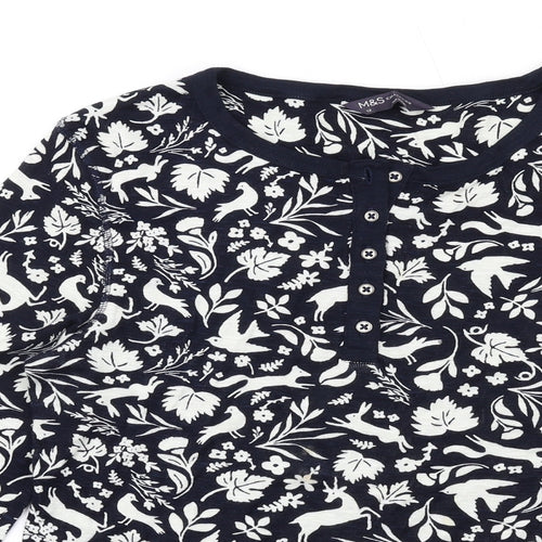 Marks and Spencer Womens Blue Geometric Cotton Basic T-Shirt Size 12 Round Neck - Forest Animals