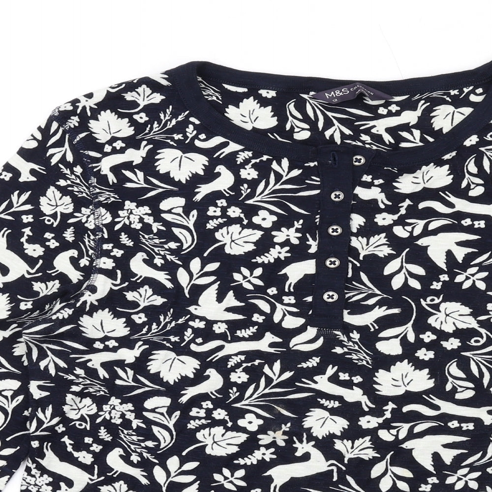 Marks and Spencer Womens Blue Geometric Cotton Basic T-Shirt Size 12 Round Neck - Forest Animals