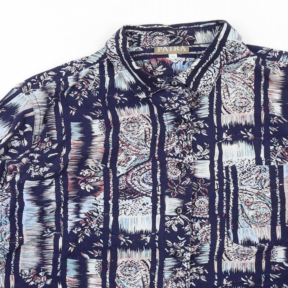 Patra Womens Blue Geometric Silk Basic Button-Up Size M Collared